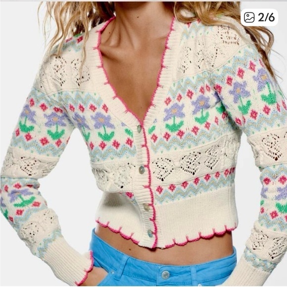 Zara Floral Jacquard Crochet Embroidered Cardigan bohemian 70's vibe feminine - Picture 3 of 15